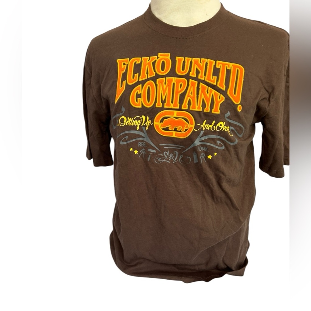 Ecko unltd t shirt Measures L Raised Letters Rhino Chocolate Brown And Orange